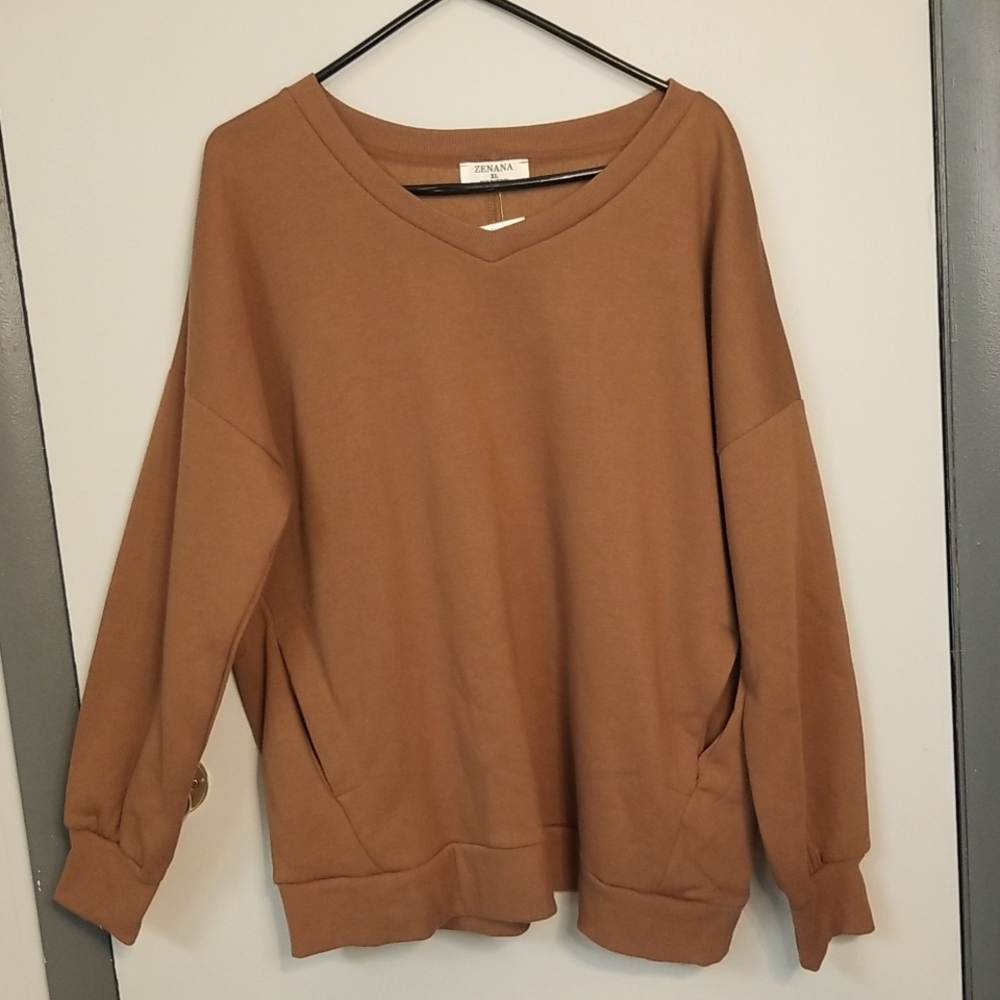 NWT ZENANA POCKET SWEATSHIRT V NECK XLARGE
